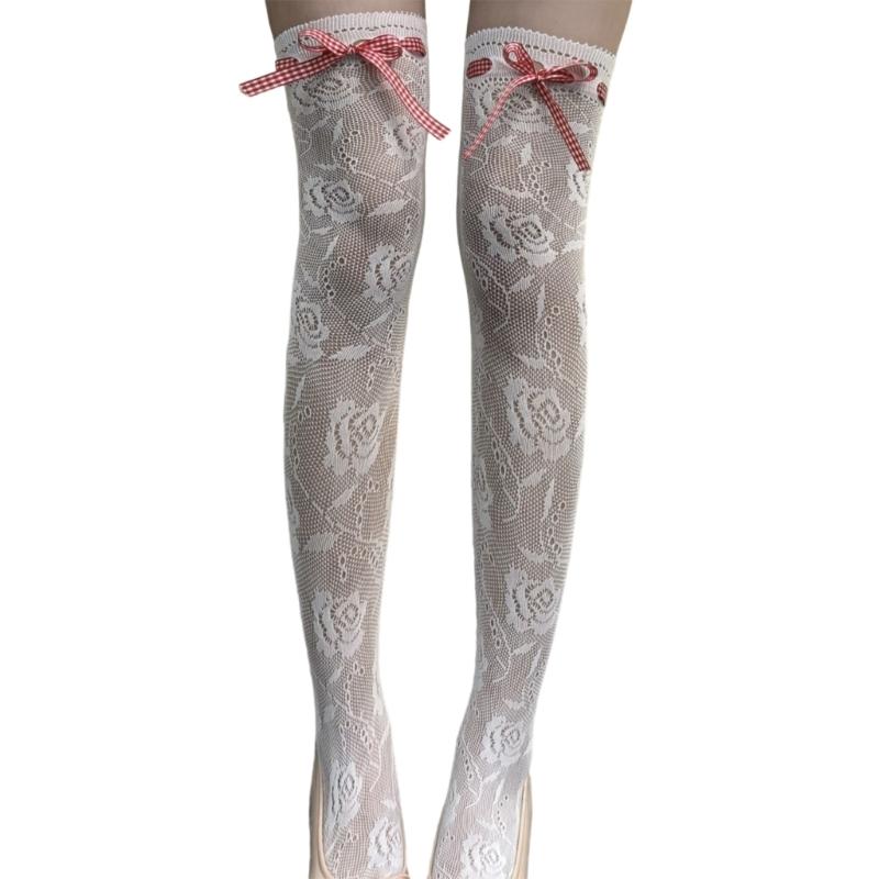 Lace Thigh High Socks With Rose Pattern Hollows Out Design Breathable Over Knee Stockings For Women Comfortable Polyester