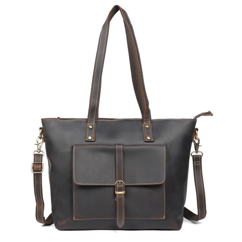 Vintage Unisex Crazy Horse Leather Tote Bag: Large Capacity, Fashionable Single Shoulder Cowhide Handbag