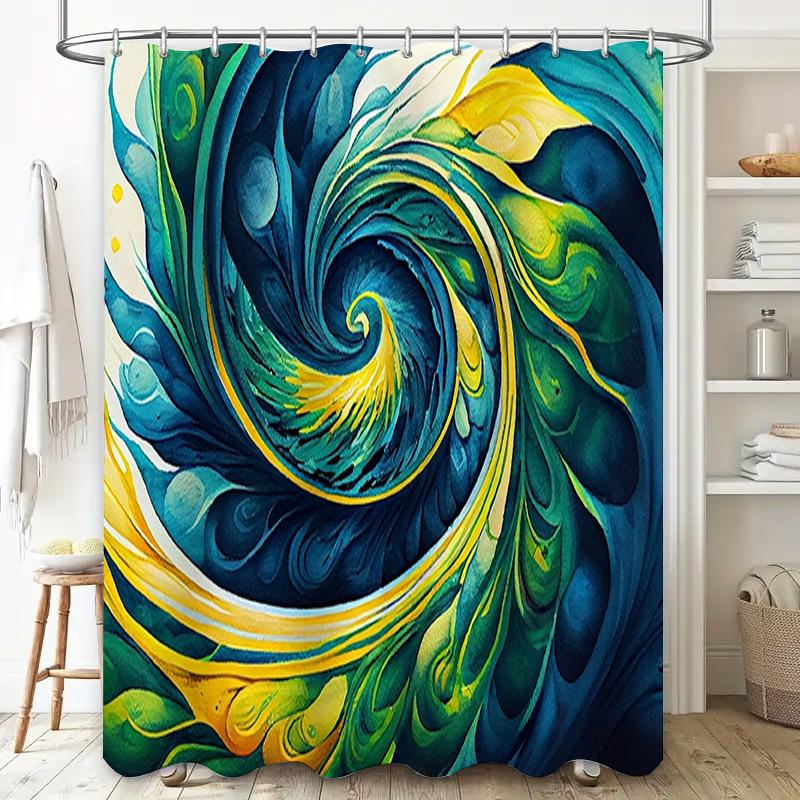 100% waterproof shower curtain made from water-resistant fabric for bathroom decor swirl print with blue, yellow, green colors