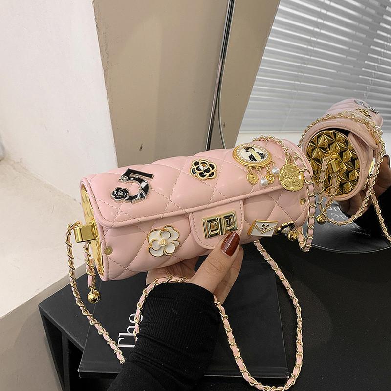 Trendy Small Cylinder Purse With Chain Strap And Secure Lock For Casual Outings