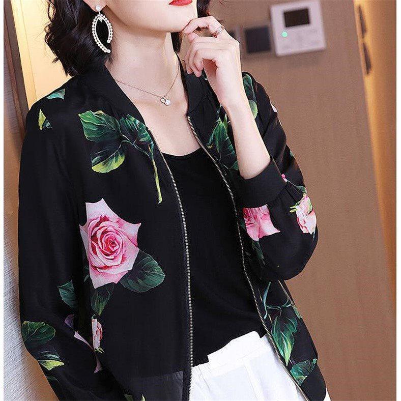 Women's Plus Size Chiffon Printed Baseball Jacket - Summer 2026 Style, Lightweight, Age-Reducing, Sun Protection Short Coat