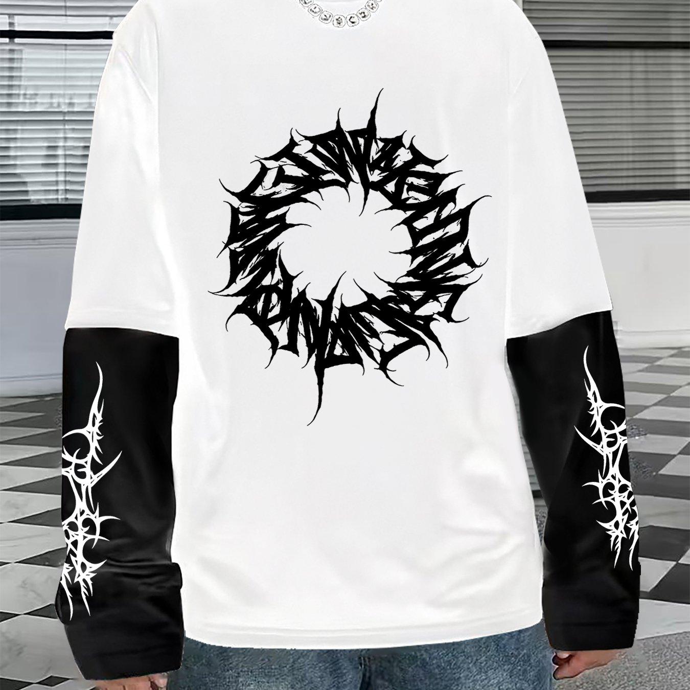 

This American Dark Y2K Design Style Features a Black And White Color-Blocked Long-Sleeve T-Shirt with a Dark Thorn Print XXL білий