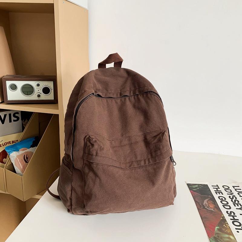 School Bag Vintage Style Washed Canvas Backpack for Women, for Junior High, High School, and College Students, Simple Solid Color Backpack