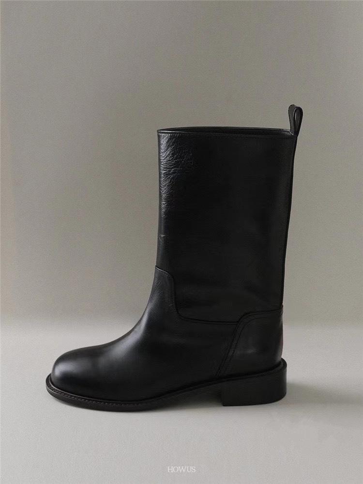 Cowhide retro premium wide leather western boots thick heel medium tube knight short boots women's autumn and winter Martin boots