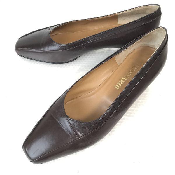USED/Made In Japan TRUSSARDI High-Quality Leather Low Heel Pumps 23.5 Dark Brown