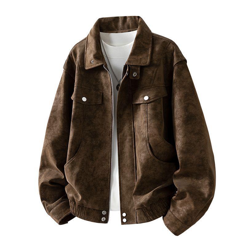 Men American Style Casual Turn Down Collar Pu Leather Flight Bomber Jacket S