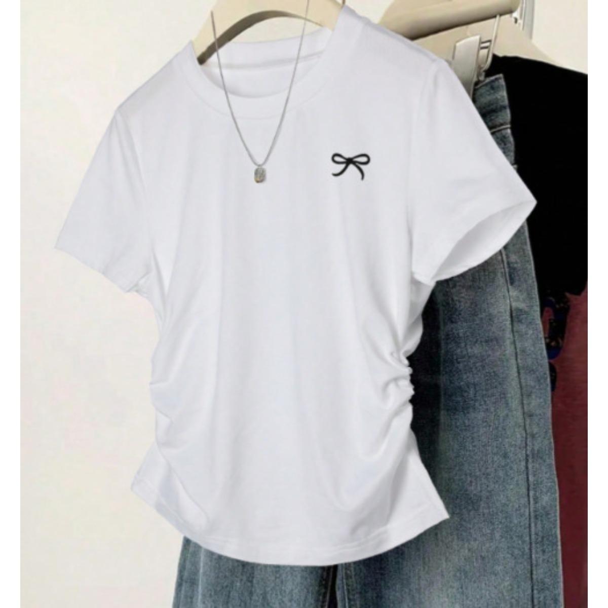 

Летняя новая футболка с короткими рукавами и открытыми плечами, универсальная корейская версия, облегающий топ больших размеров, слегка пышный, с утягивающим эффектом на талии и утягивающим эффектом M