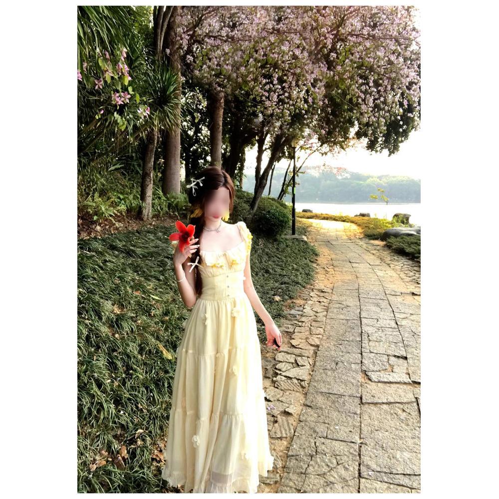 

Платье-комбинация Pure Xiaofei с рукавами, женское летнее желтое универсальное длинное платье, одежда для весенней девушки, нежное XL- (recommended 110-60kg) светло-желтого