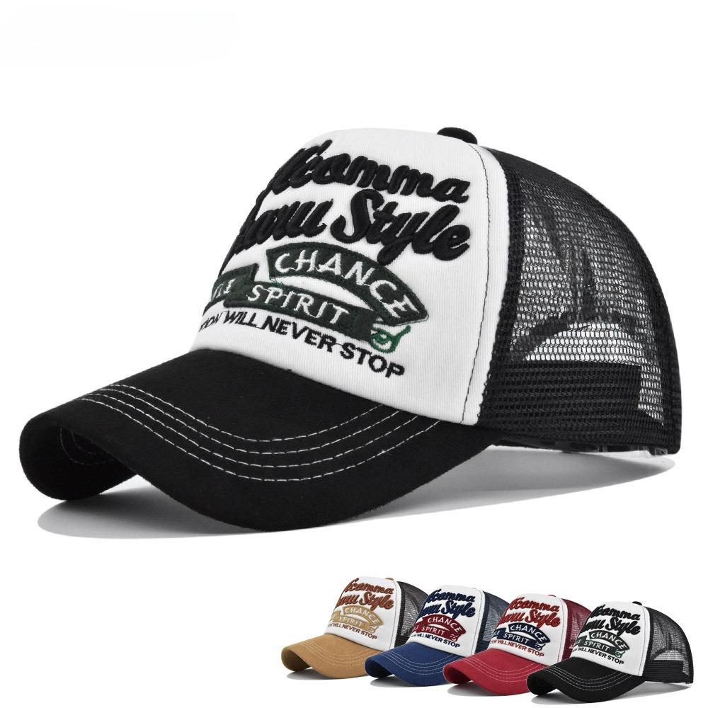 Vintage Letter Embroidery Mesh Trucker Hat, Breathable Half Mesh Adjustable Snapback Baseball Cap Unisex Summer Outdoor Sun Hat