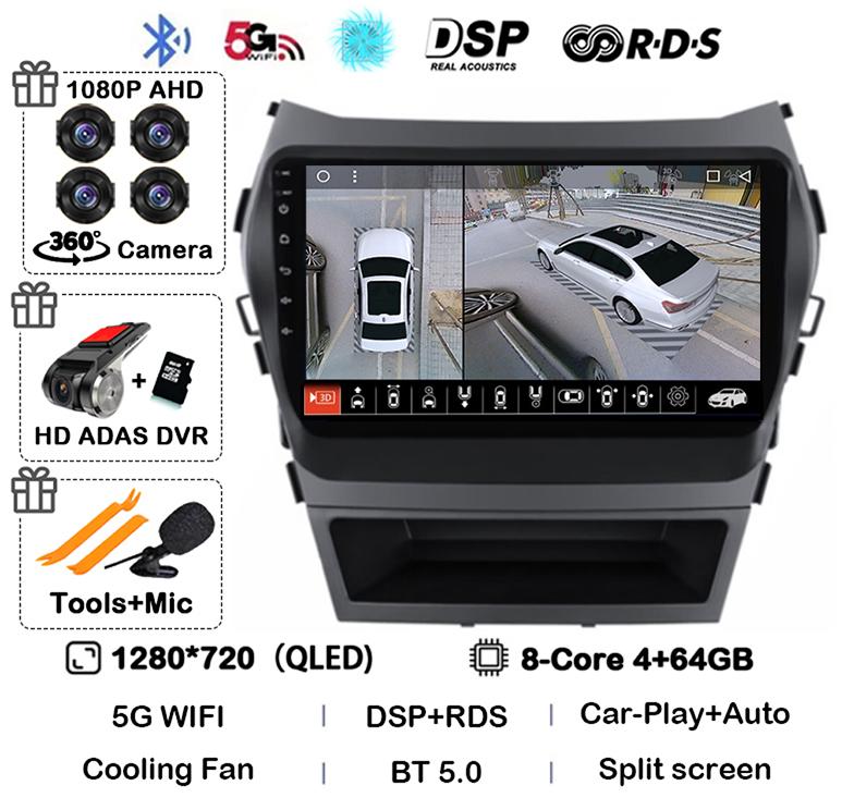 Android 14 Auto Carplay Car Radio For Hyundai Santa Fe 3 Ix45 2013 2014 2015 2016 2017 GPS Stereo Multimedia Player 360 Camera