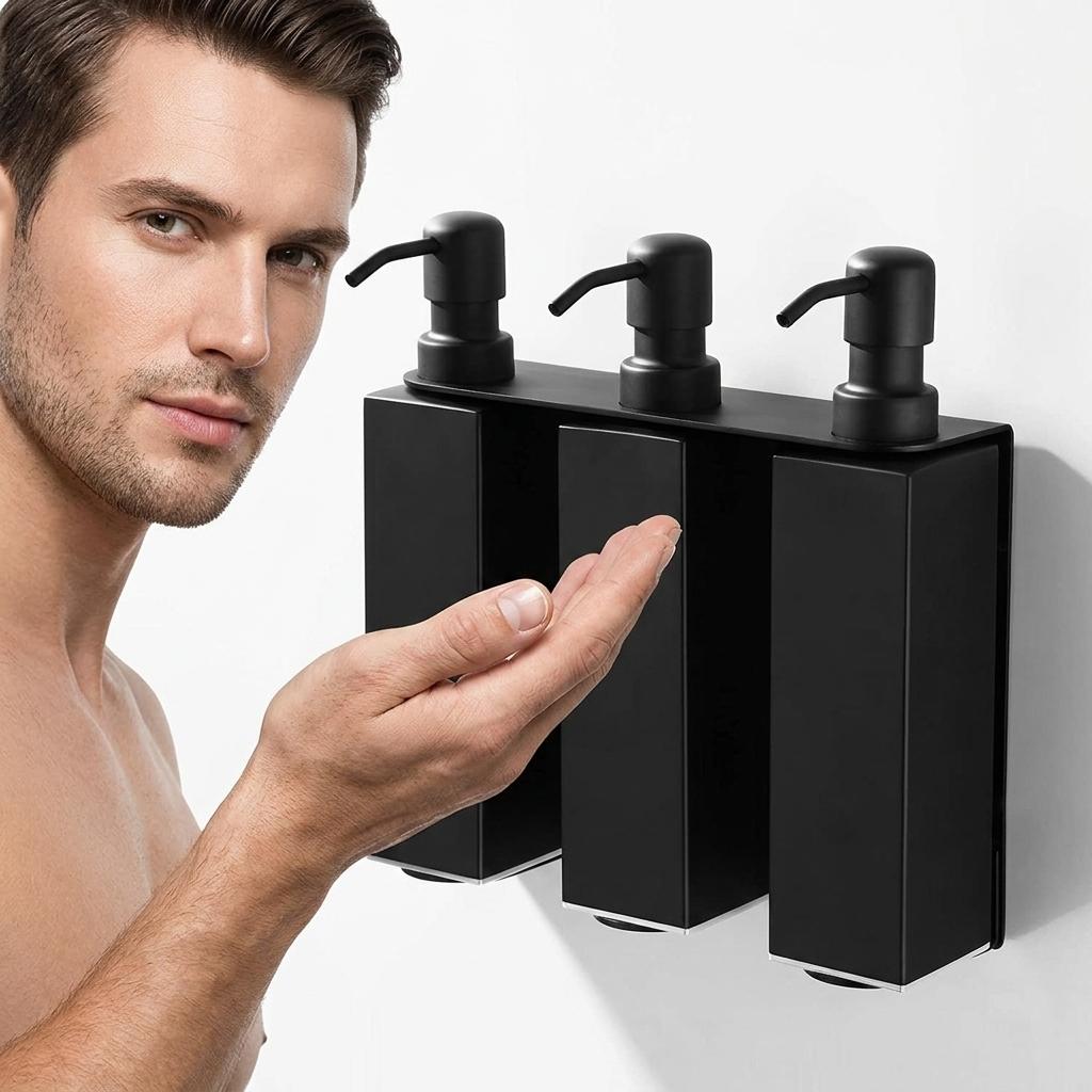Dispensador Triple de Jabón Líquido de Pared, Dispensador de Champú para Ducha con Cámara de Acero Inoxidable para Baño Hogar Hotel