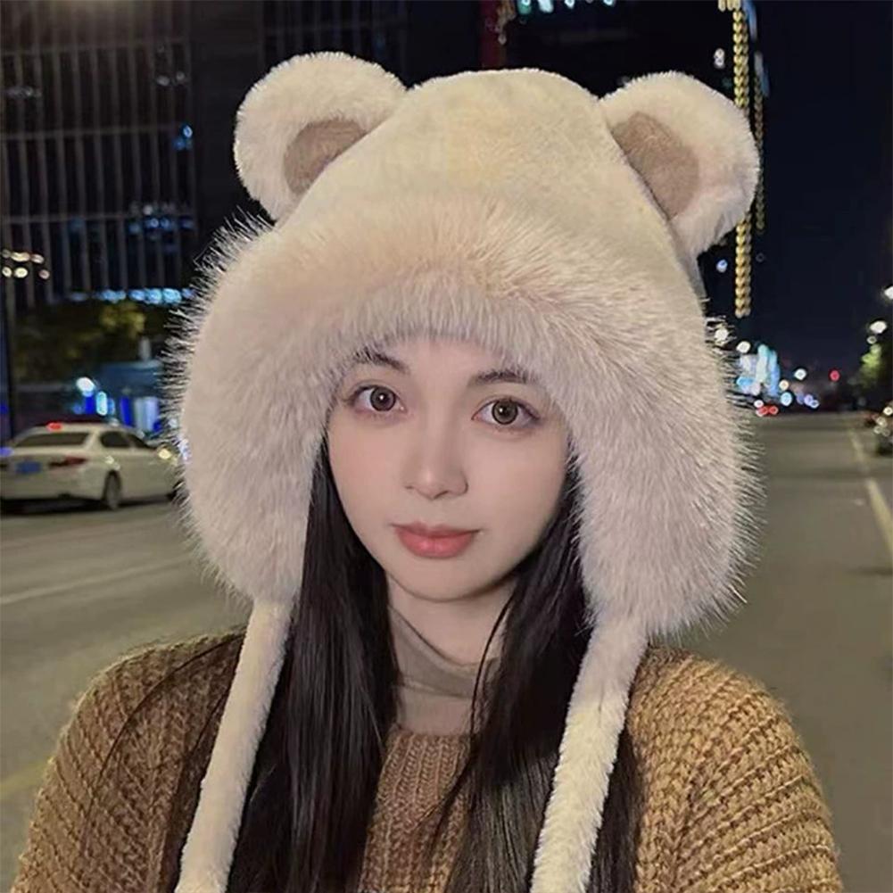 Women Winter Warm Kawaii Fur Imitation Mink Plush Hat Thickened Cute Bear Ear Japanese Bomber Hat Ear Protection Cap Gifts