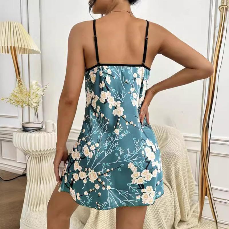 Kvinners Sommer Sexy Ryggløs Is Silk Print Pyjamas Slip Dress