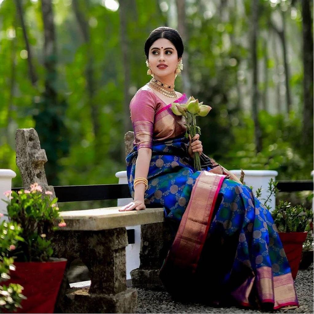 

Шелковое темно-синее сари Kanchipuram от Eva Creation