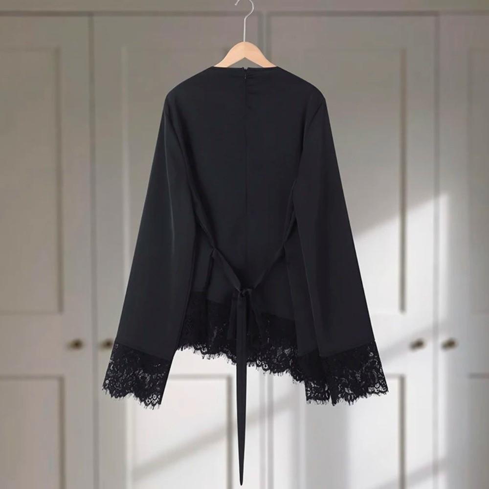 Rundhals Damen Schnür-Oberteile Taillenbetonierender Schlanker Gürtel-Bluse Spitzen-Patchwork Langes Hemd Sommer