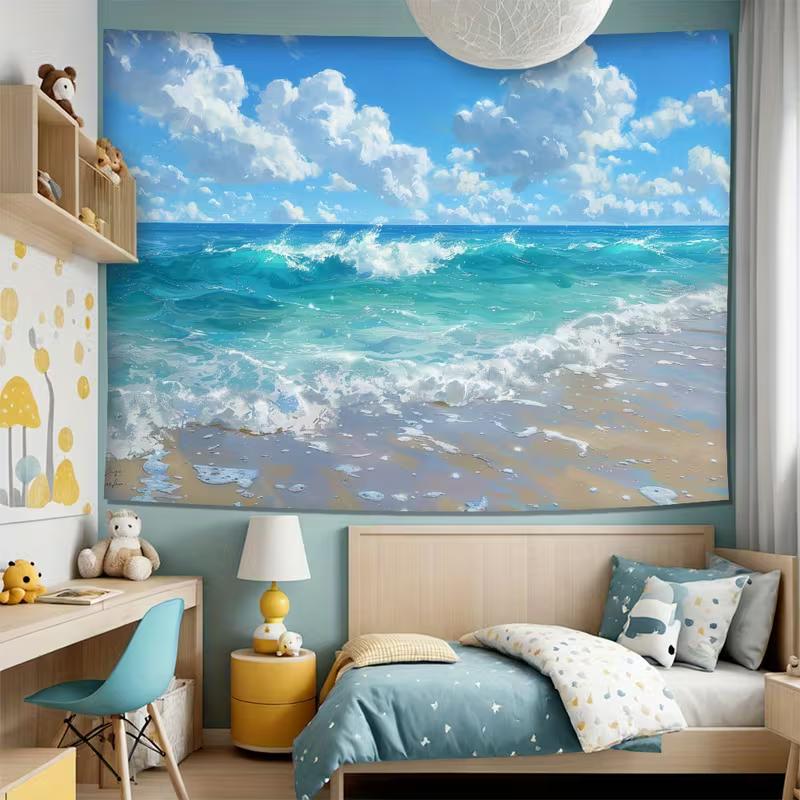 2D Coastal Beach & Ocean Waves Tapestry Bright Sunny Nature Art Wall Decor Cloth for Home & Bedroom