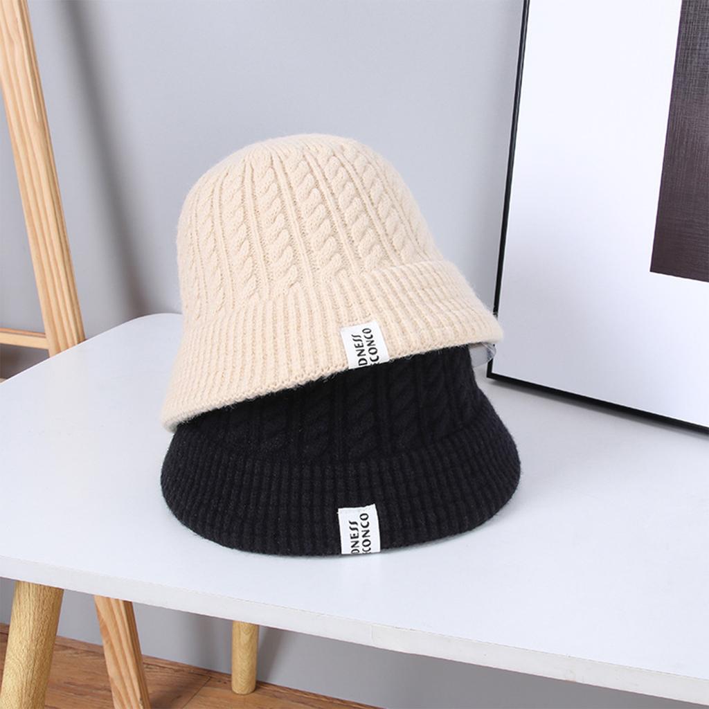 Damen Zopfmuster Eimerhut, Süßer Vielseitiger Strickbeckenhut, Winter Ohrenschutz Warmer Hut, Mode-Label-Dekor Fischerhut