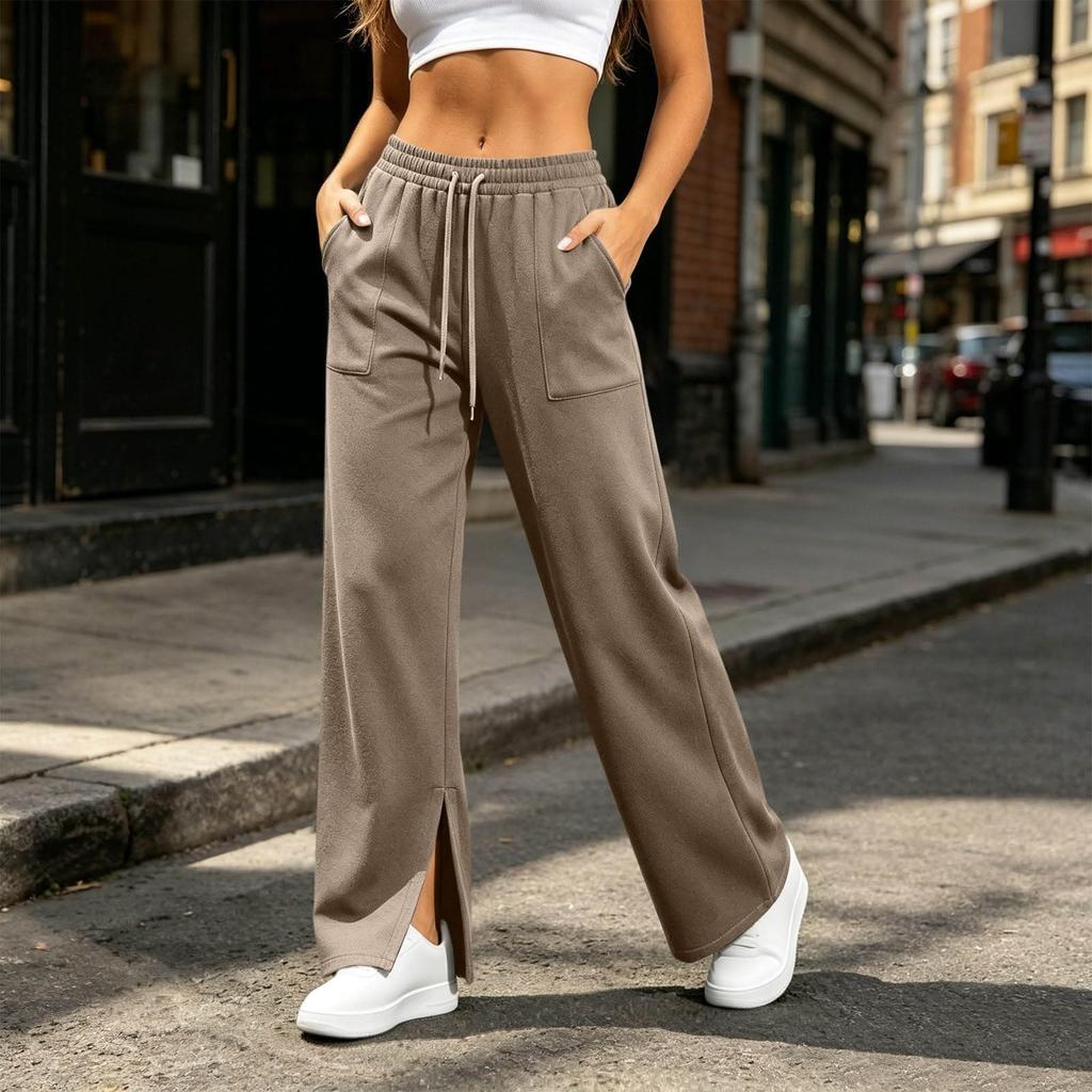 Women's Casual High Waist Wide Leg Split Hem Sweatpants Loose Fit Pants