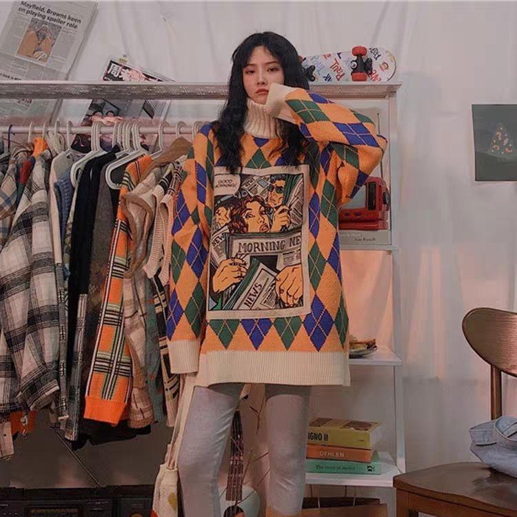 Podzimní a zimní nový retro zahuštěný Mori svetr svrchní oděv dámský BF styl volný středně dlouhý s vysokým límcem