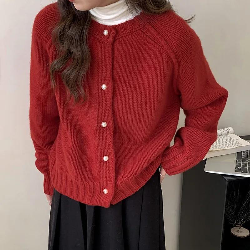 

Сплошной красный женский свитер, милый и милый женский трикотаж в академическом стиле, осень-зима, кардиган с круглым вырезом и рукавами реглан One Size чёрный
