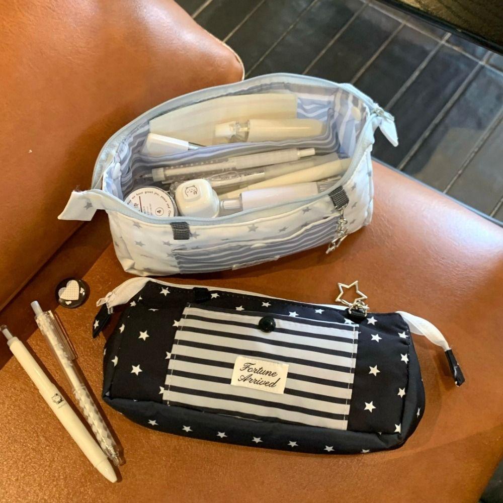 Printed Pencil Storage Bag Striped Zipper Stationery Pouch Trendy Star Pencil Case  Back To School