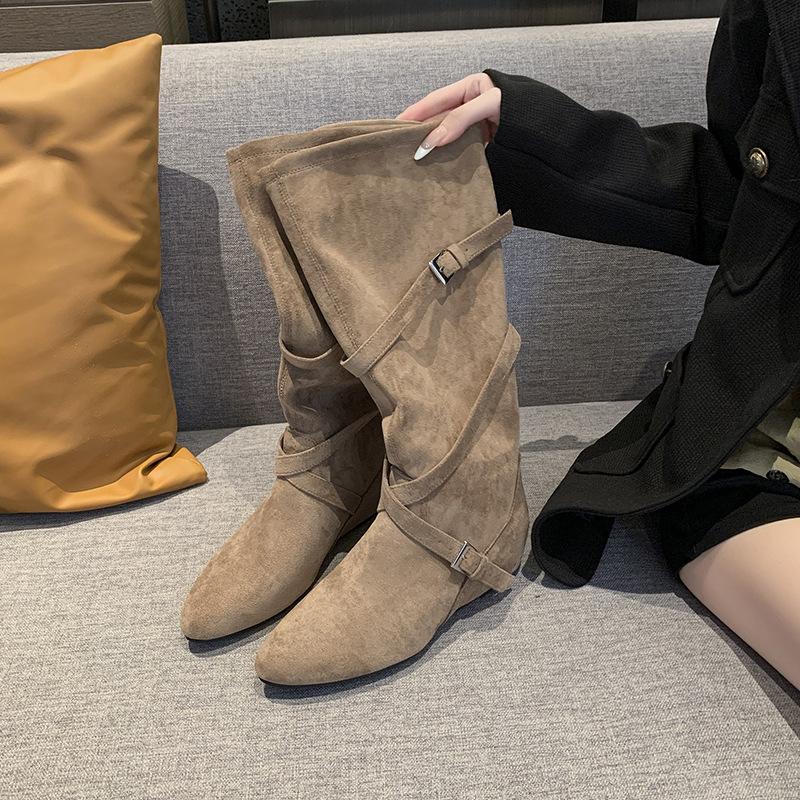 Inner Heightening Boots Women's 2025 New Autumn Retro Versatile Stacking Boots Belt Buckle Slim Tall Knight Boots