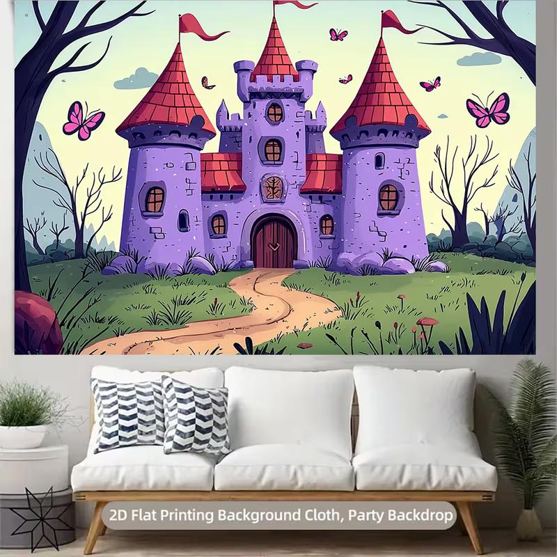 2D Cartoon Princess Castle Backdrop with Purple Castle and Butterflies Photography Background