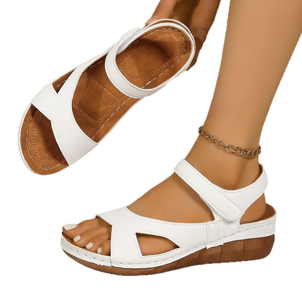 Velcro Thick-soled Sandals Women's Large-sized Wedge Heels Open-toe Shoes Beach Flip-flops