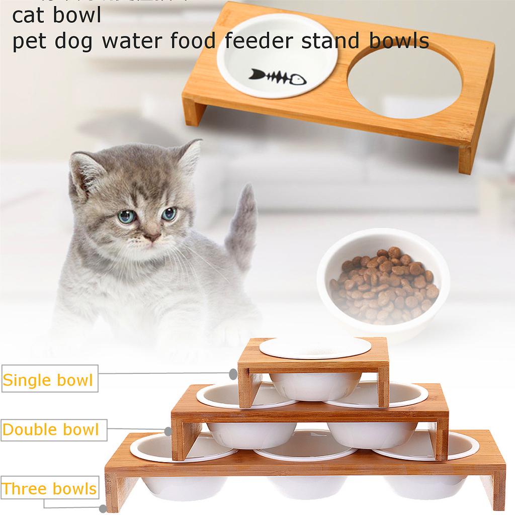 1 2 3 Pcs Bamboo Pet Cat Feeding And Drinking Bowls Elevated Small
