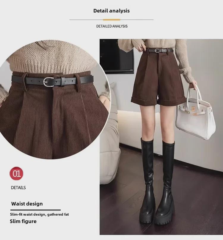 Dámské manšestrové kraťasy s vysokým pasem a áčkovým střihem – módní korejský styl na podzim/zimu