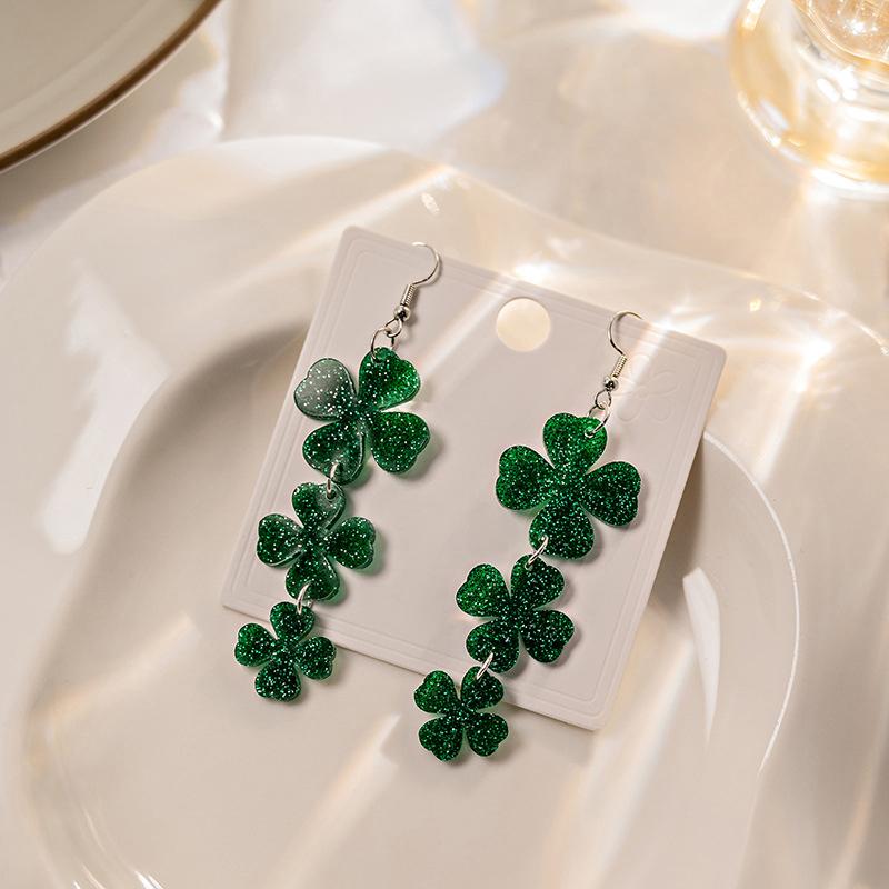 Glitter Lucky Green Shamrock Dangle Earring For Women Girls Irish Style St Patricks Day Earrings Lucky Acrylic Green Drop Earing