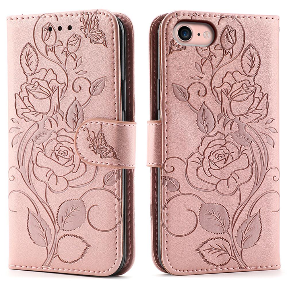 For iPhone 16e Case Wallet Stand Imprinted Rose Butterfly PU Leather Phone Cover