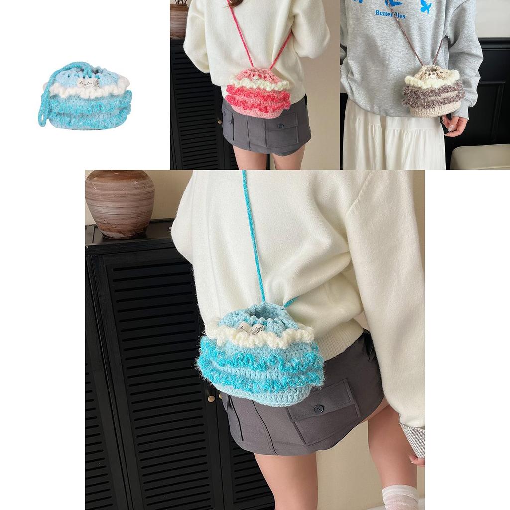 Cotton Linen Knitting Water Bucket Style Shoulder Bag For Kids And Teens