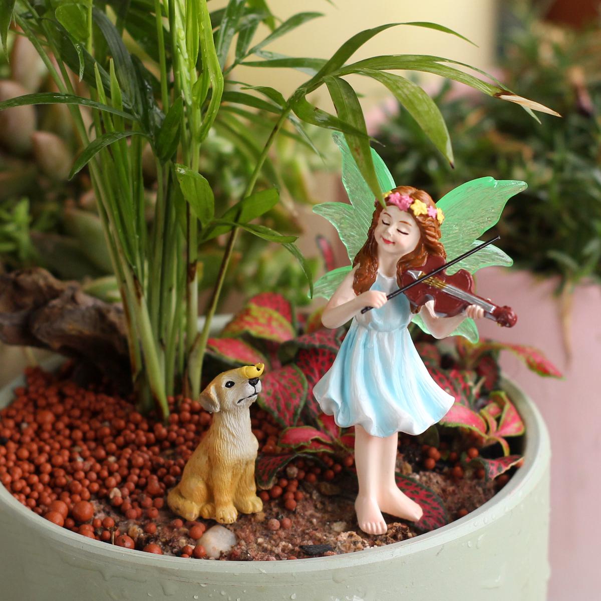 

2 pieces of violin girl and dog holding hands, garden bonsai decoration plugin, fluorescent winged fairy, resin crafts