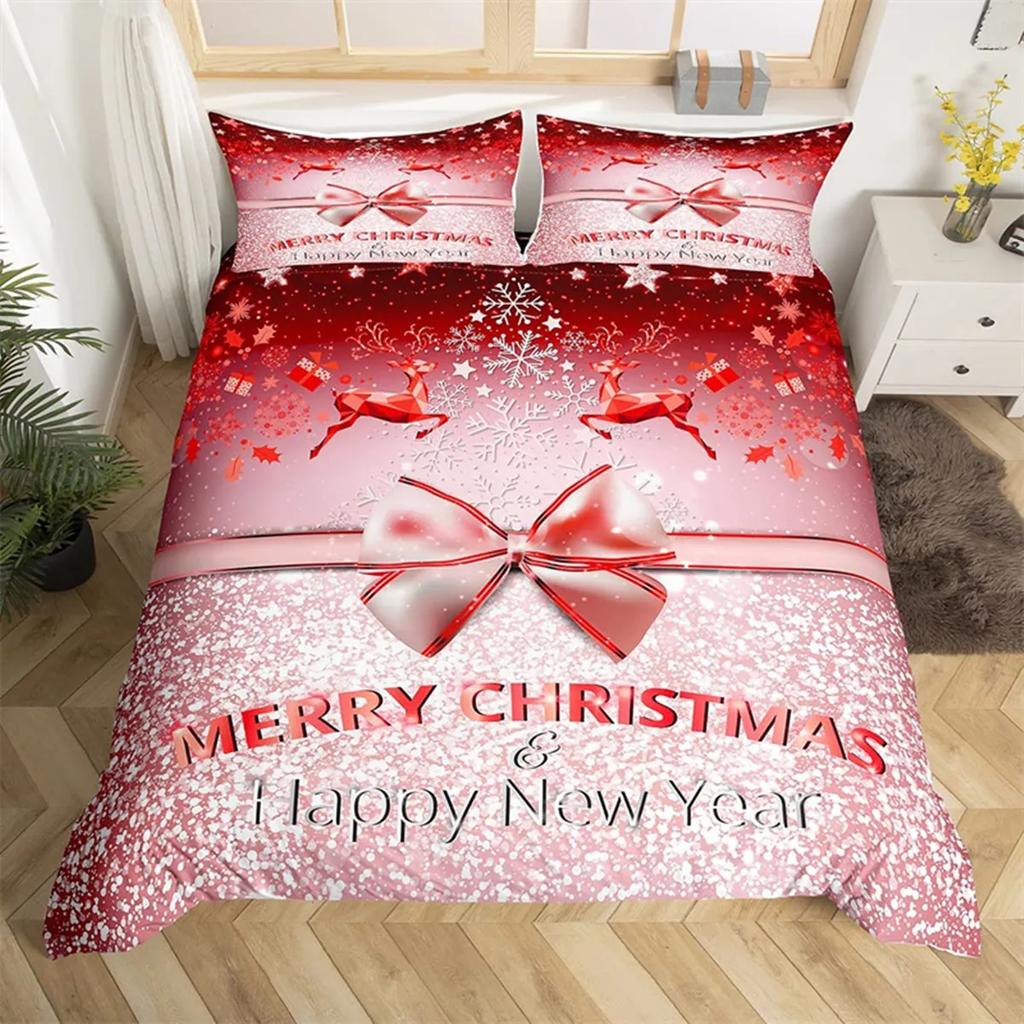 Merry Christmas Duvet Cover Happy New Year Microfiber Xmas Deer Elk Bedroom Decoration for Boys Girls Golden Bow Holiday Gifts