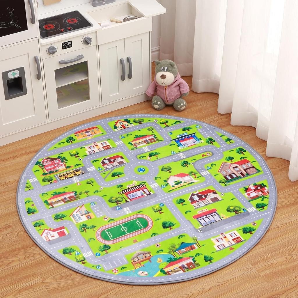Traffic Road Kids Play Round Rug Educational Theme Children's Crawling Floormat Absorbent Anti-Slip Soft Home Decor Carpet