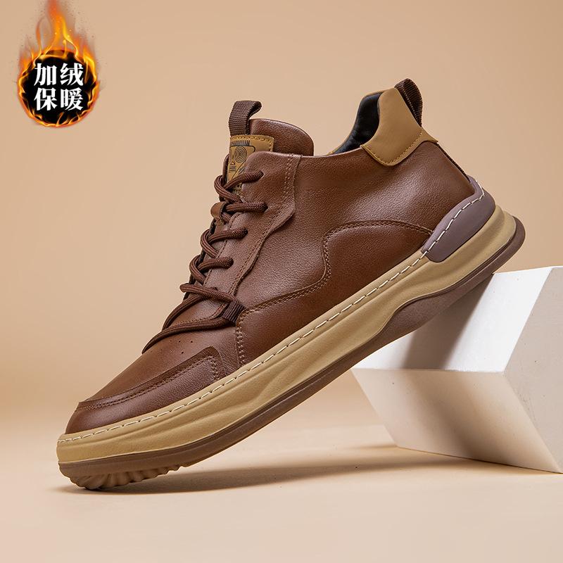 The first layer of cowhide high-top board shoes, new autumn cotton shoes, men's European station velvet men's shoes, platform sports and leisure shoes