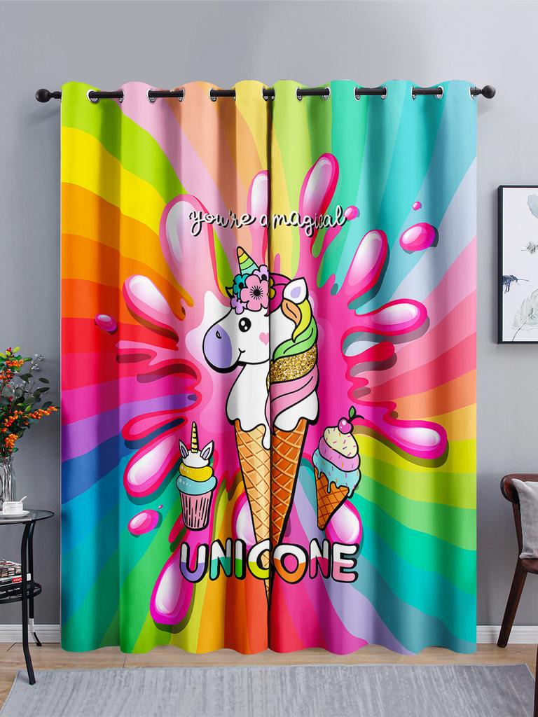 Curtains Rainbow Unicorn Curtains Digital Printing Blackout Curtains No Perforation Curtains