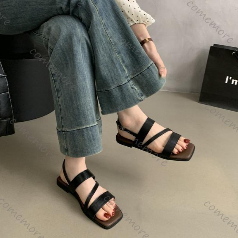 Mode Comemore Zehensandalen Damen 2025 Sommer Retro Weiche Flache Sohle Römische Schuhe Lässig Eckige Zehen Lederriemen Sandalias Mujer