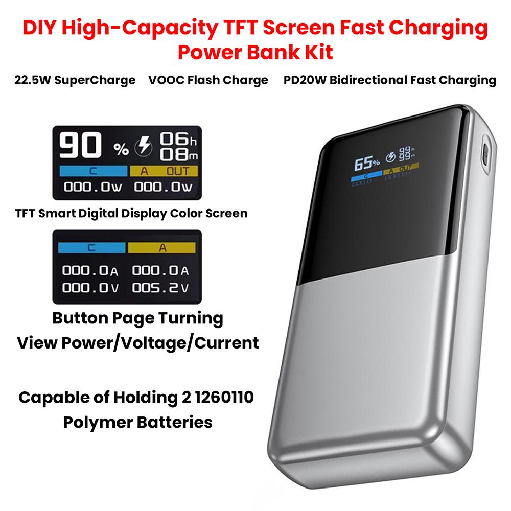 Portable Power Bank DIY Kit 22.5W Bidirectional Fast Charging Power Bank Mainboard TFT Color Display Battery Case Battery Shell