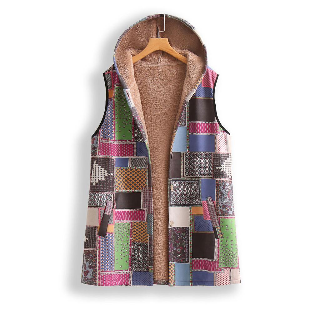 Women's Fashion Retro Sleeveless Warm Printed Wrap Stripe Vest Jacket