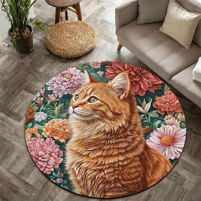

Orange cat with floral pattern Flannel-printed round floor mats are slip-resistant Suitable living room terrace garden carpets 60cm