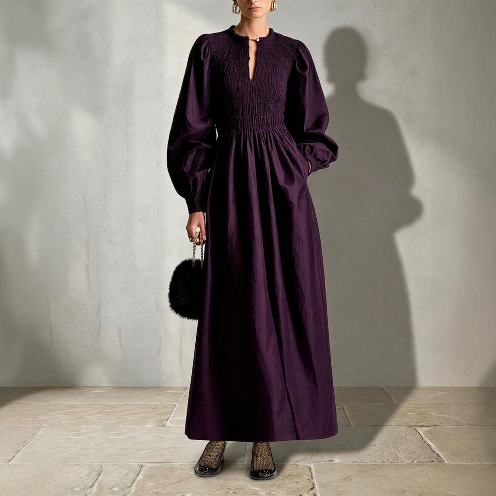 European and American early autumn new elegant A-shaped dress long dress temperament wind bubble sleeve pocket fold
