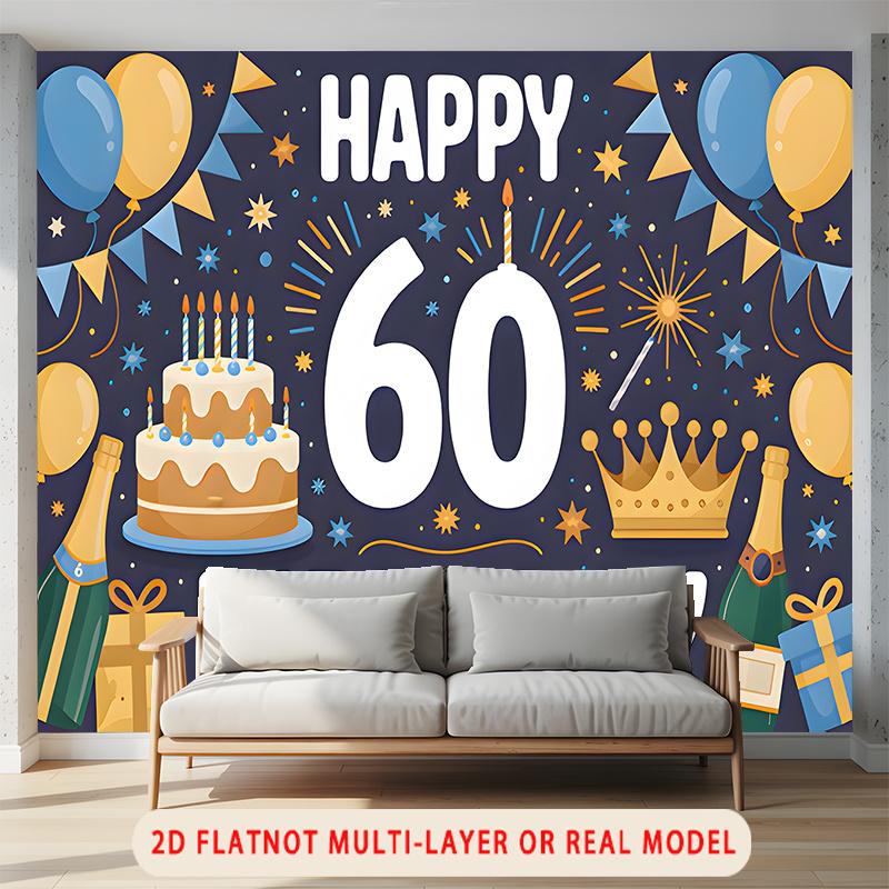 Party Backdrop Happy 60Th Birthday Birthday Fireworks Crown Blue 60th Photo Booth Background Wall Decor
