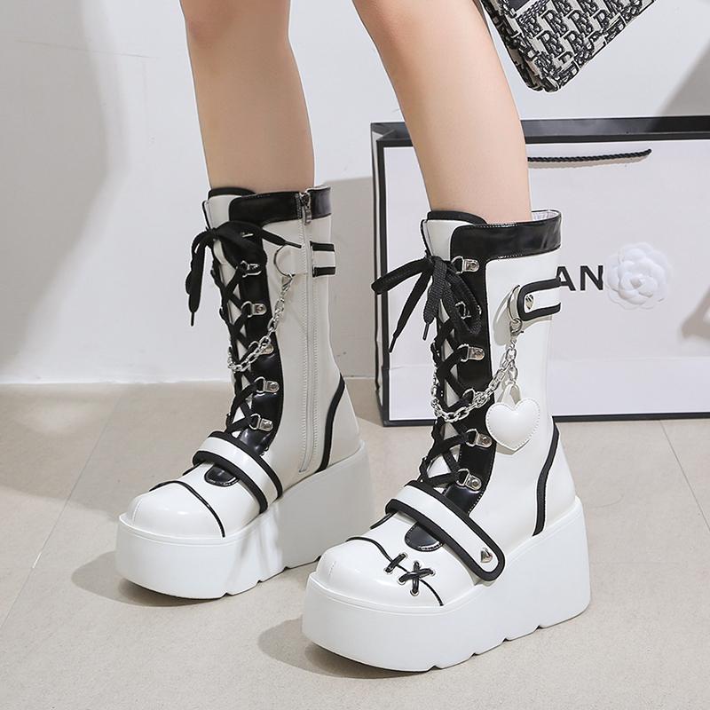 Women's Single Boots New Winter Round Front Lace-up Side Zipper Rivet Thick Soled Non-slip Mid-calf Boots