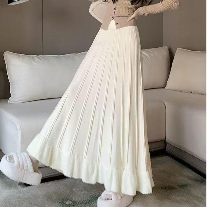 Autumn Winter Women's Knitted Pleated Skirt Long High-waist A-line Skirt