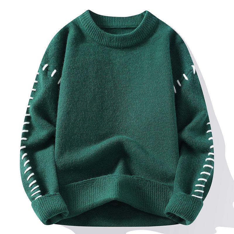 Men's Contrast Stitch Round Neck Sweater, Loose Knitted Pullover for Autumn-Winter 2024