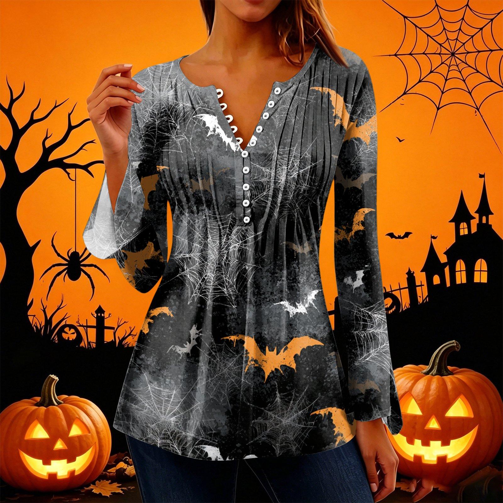 Women s Halloween Print V-Neck Long Sleeve Bell Sleeve Pleated Button Blouse L чёрный