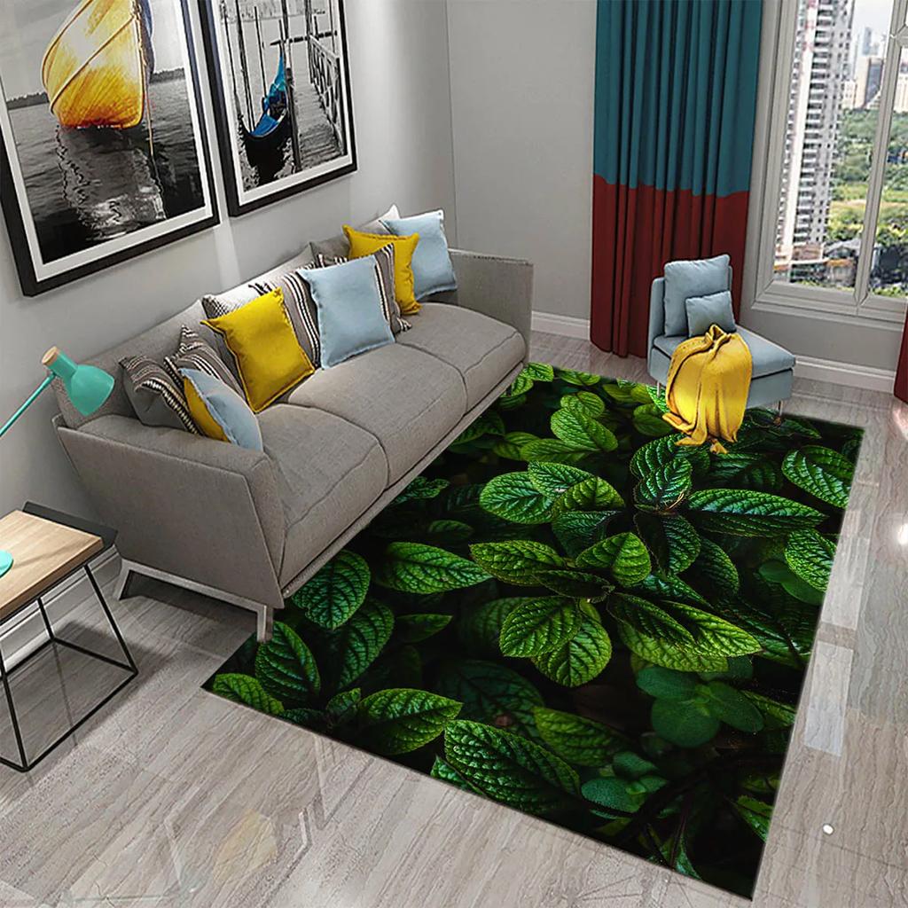 Green Leaves Carpet Natural Landscape Rug Black Rectangle Area Rugs for Adults Yoga Mats Bedroom Living Room Decor Soft Door Mat