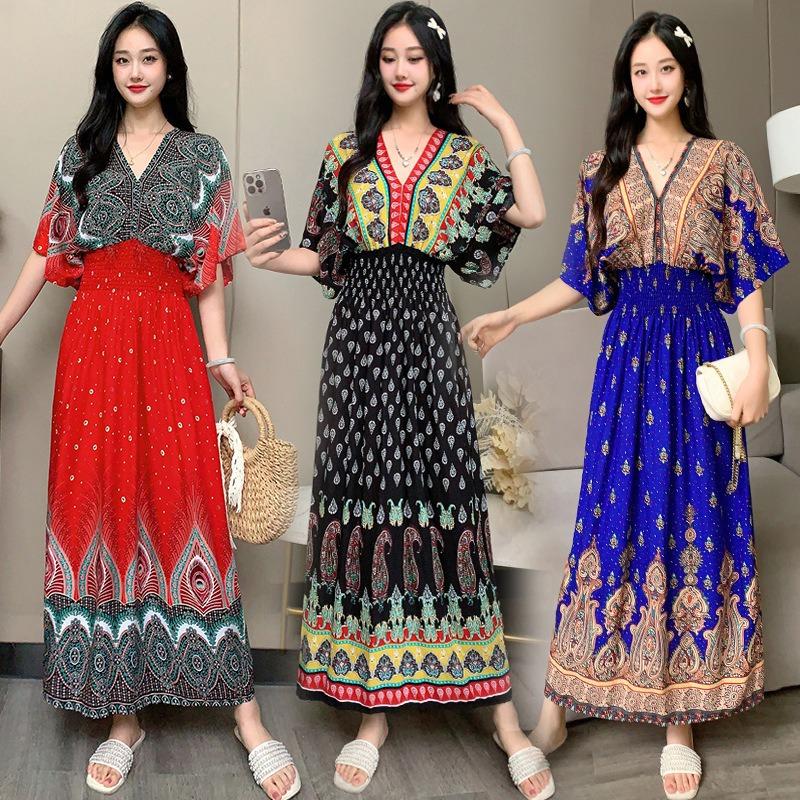 Ethnic Style V-neck Cotton and Silk Short-sleeved French Thai Style Dress for Women's Summer Printing Pastoral Style Skirt for Vacation Wear